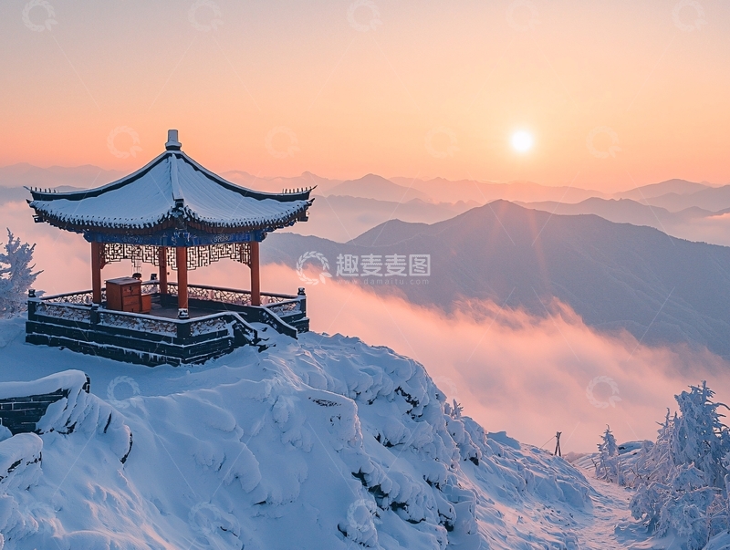 高清大图下载【趣麦麦图】雪山上的中国亭子