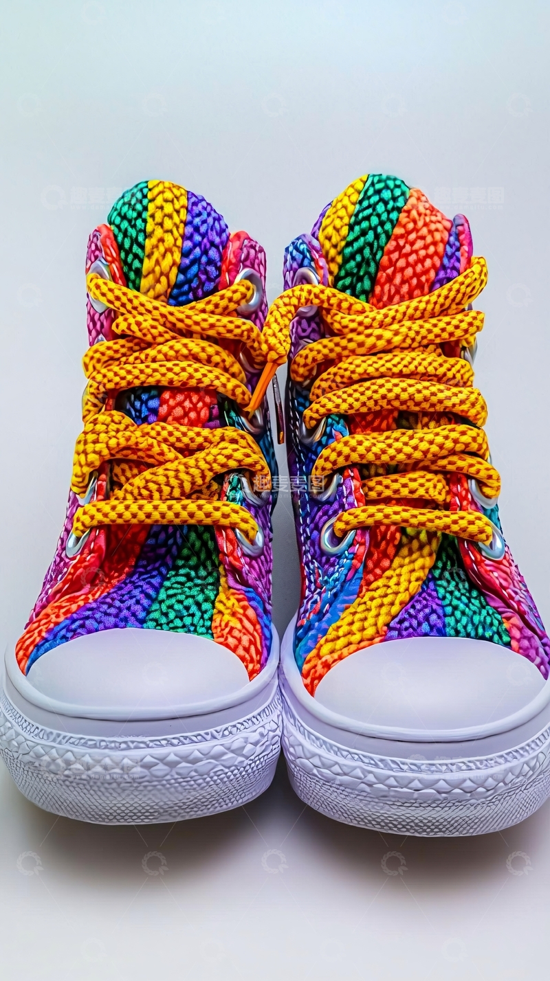高清大图下载【趣麦麦图】彩虹条纹儿童高帮帆布鞋