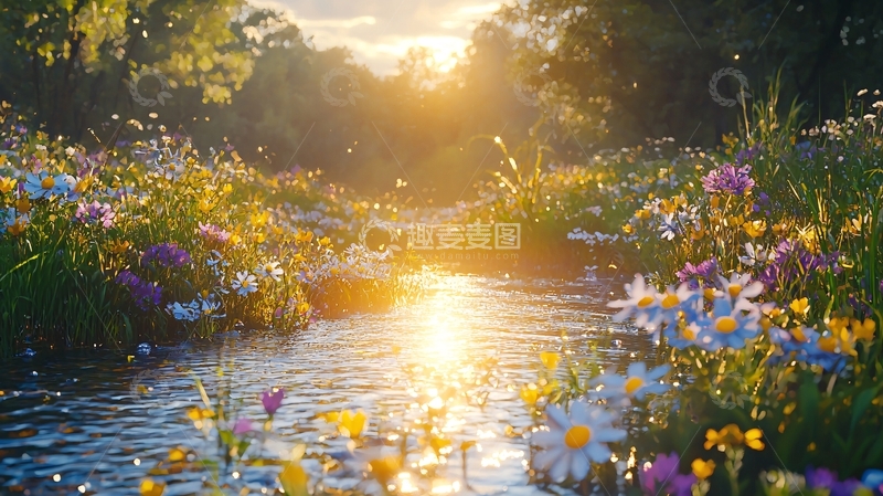 高清大图下载【趣麦麦图】阳光下鲜花盛开的小溪