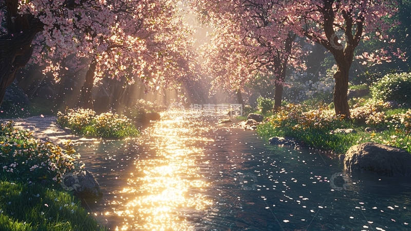 高清大图下载【趣麦麦图】樱花盛开的小溪流水