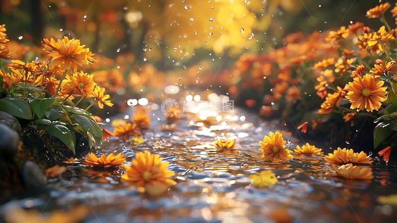 高清大图下载【趣麦麦图】秋日小溪流水花瓣飘落