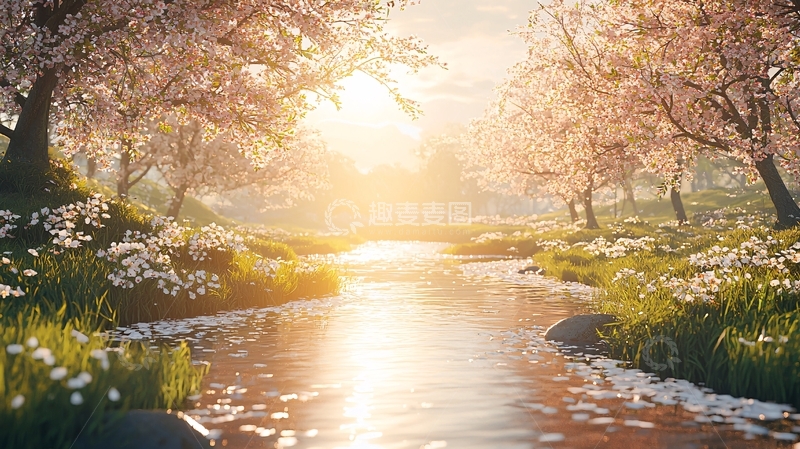 高清大图下载【趣麦麦图】樱花树下的溪流