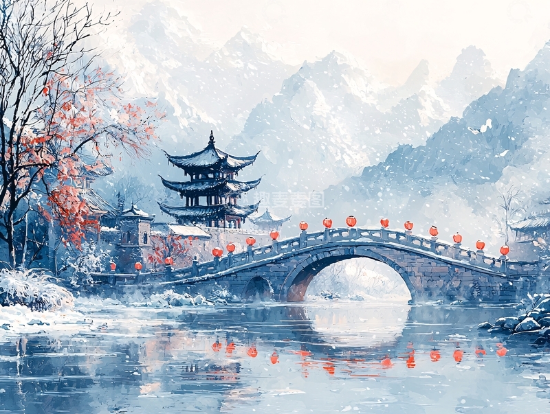高清大图下载【趣麦麦图】-雪景中的中式桥梁楼阁