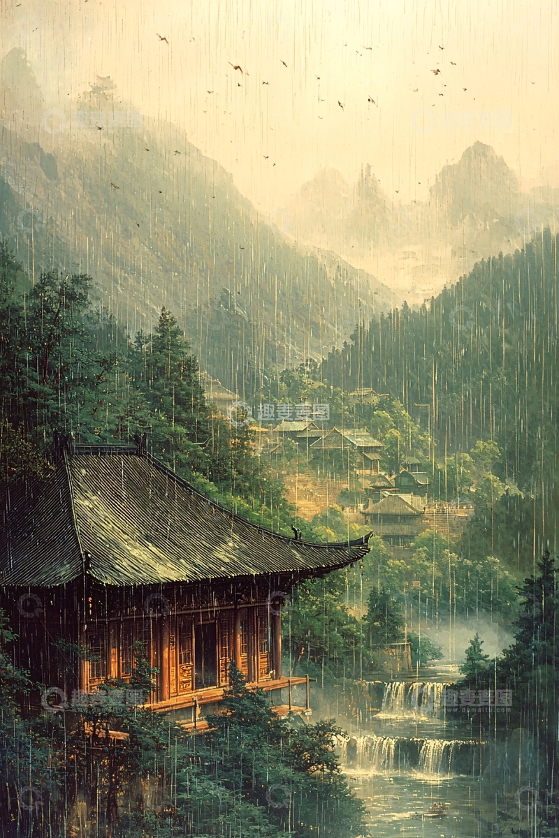 高清大图下载【趣麦麦图】雨中山水间的古老建筑