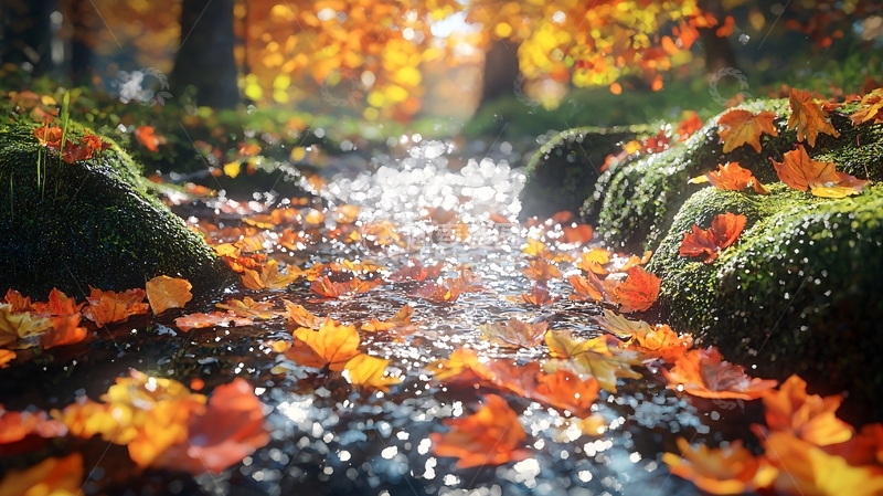 高清大图下载【趣麦麦图】落叶满地的小溪流水