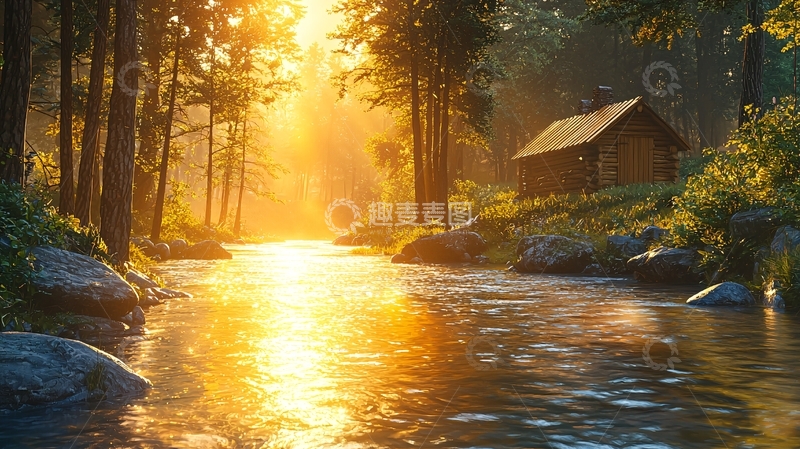 高清大图下载【趣麦麦图】森林小溪日出木屋