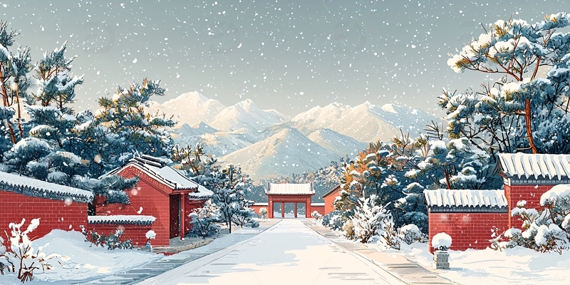 高清大图下载【趣麦麦图】雪后红墙庭院的山水画