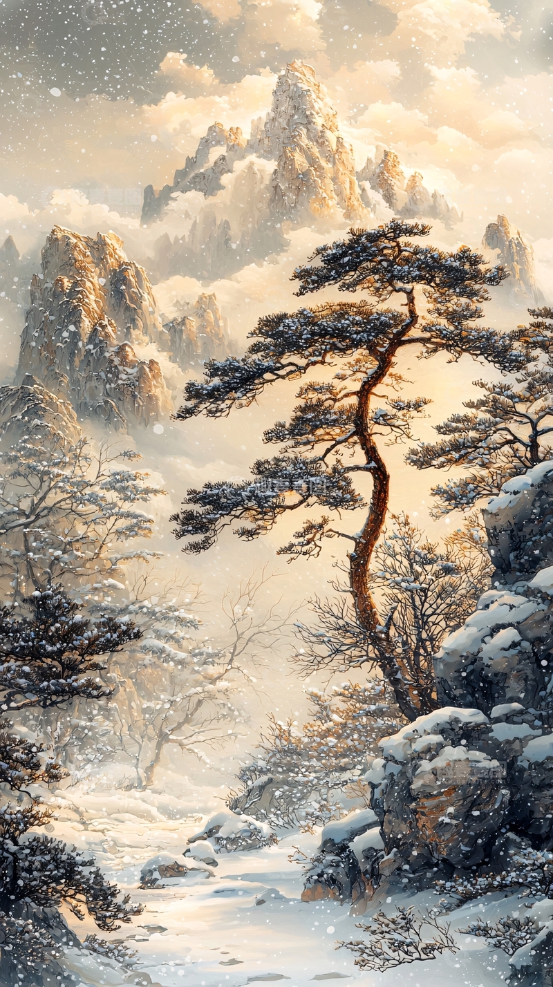 高清大图下载【趣麦麦图】雪山松树冬季风景