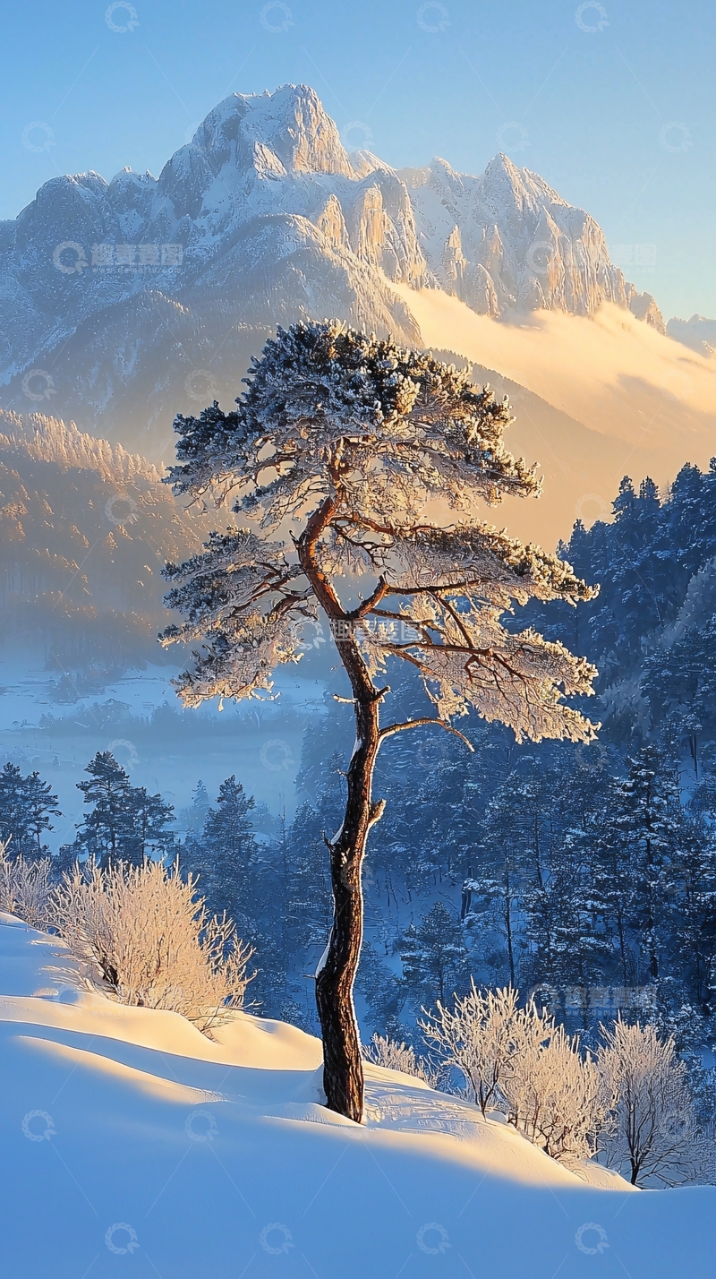 高清大图下载【趣麦麦图】雪山中的孤独松树