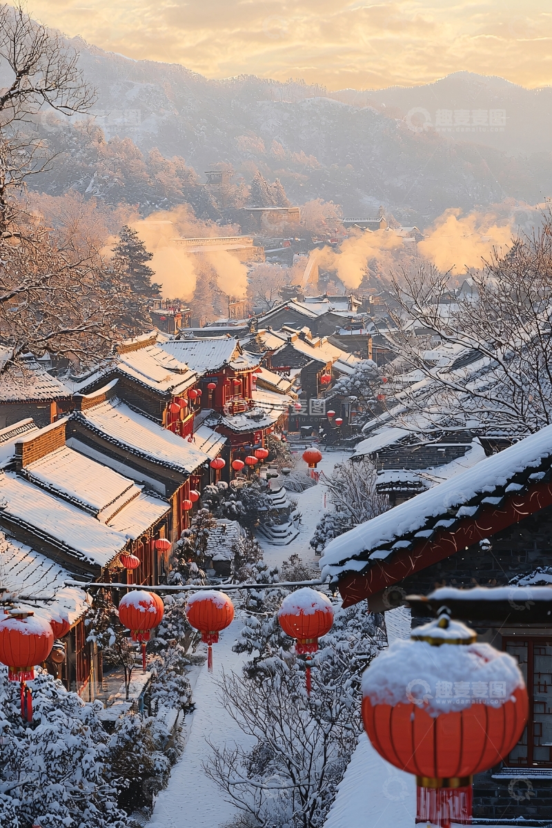 高清大图下载【趣麦麦图】雪后中国古镇红灯笼