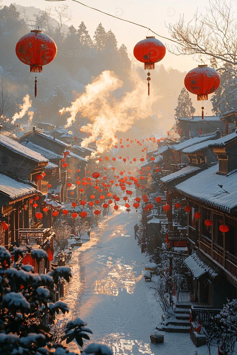 高清大图下载【趣麦麦图】雪后中国古镇挂满红灯笼