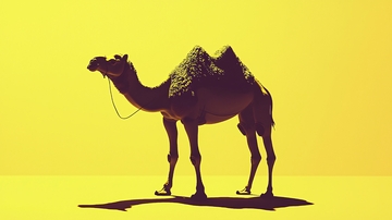 黄背景下站立的骆驼