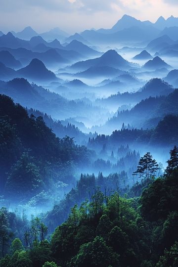蓝雾缭绕的连绵群山