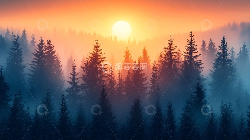 高清大图下载【趣麦麦图】雾中日出森林