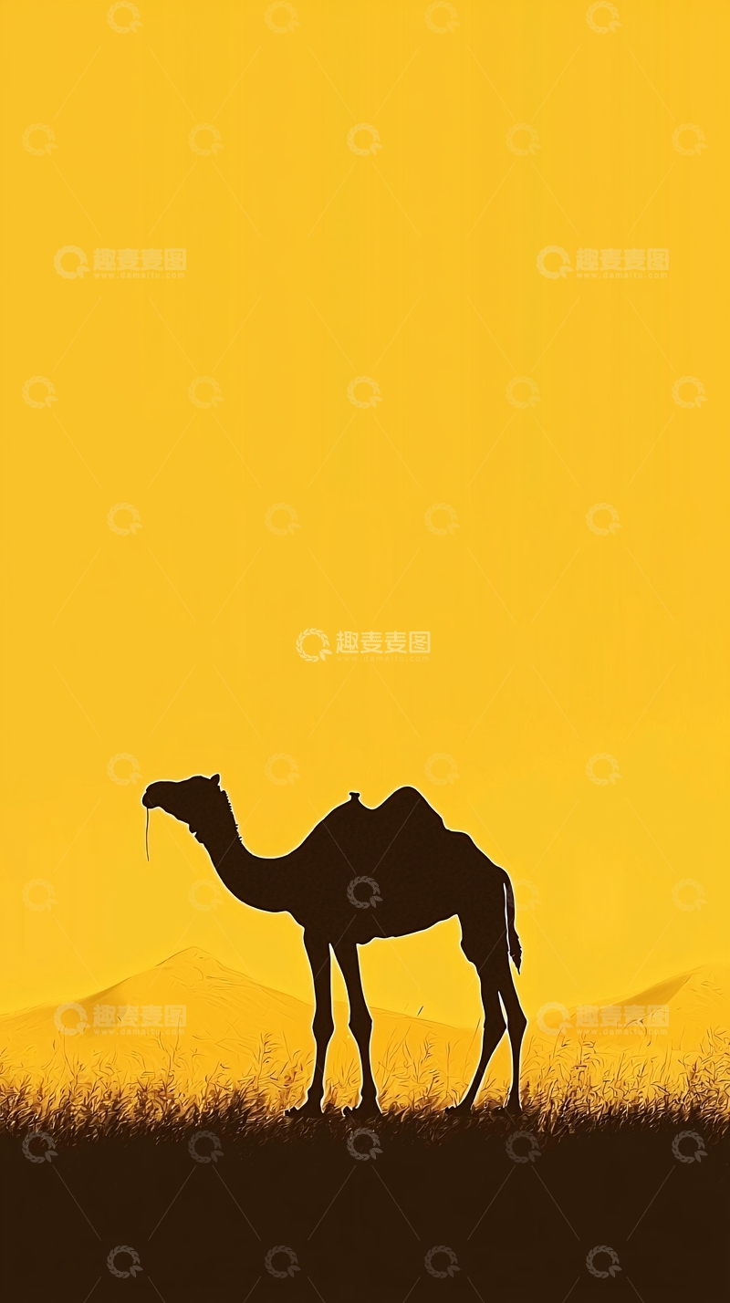 高清大图下载【趣麦麦图】黄色背景骆驼剪影