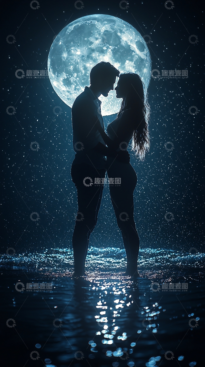 高清大图下载【趣麦麦图】月光下情侣拥抱