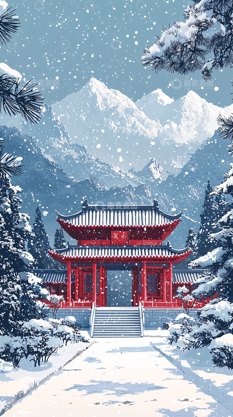 高清大图下载【趣麦麦图】雪山下的红色中式建筑