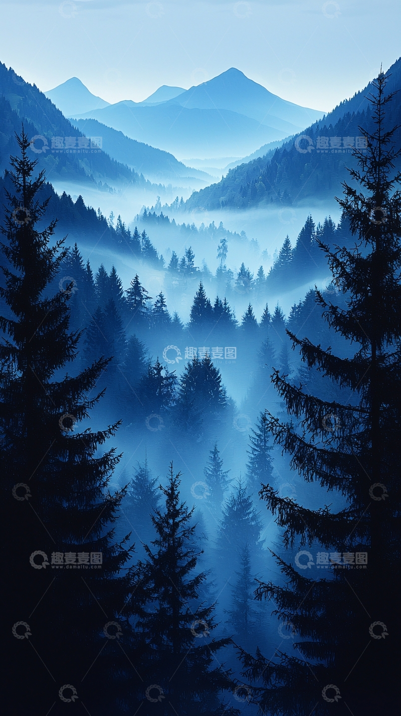 高清大图下载【趣麦麦图】蓝调山谷雾气森林