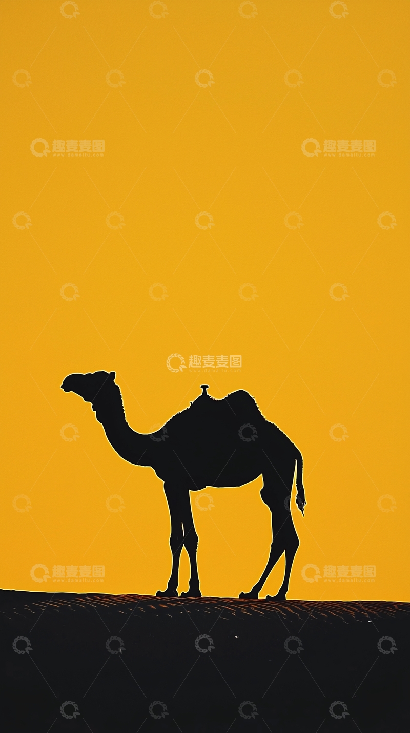 高清大图下载【趣麦麦图】黄昏沙漠骆驼剪影