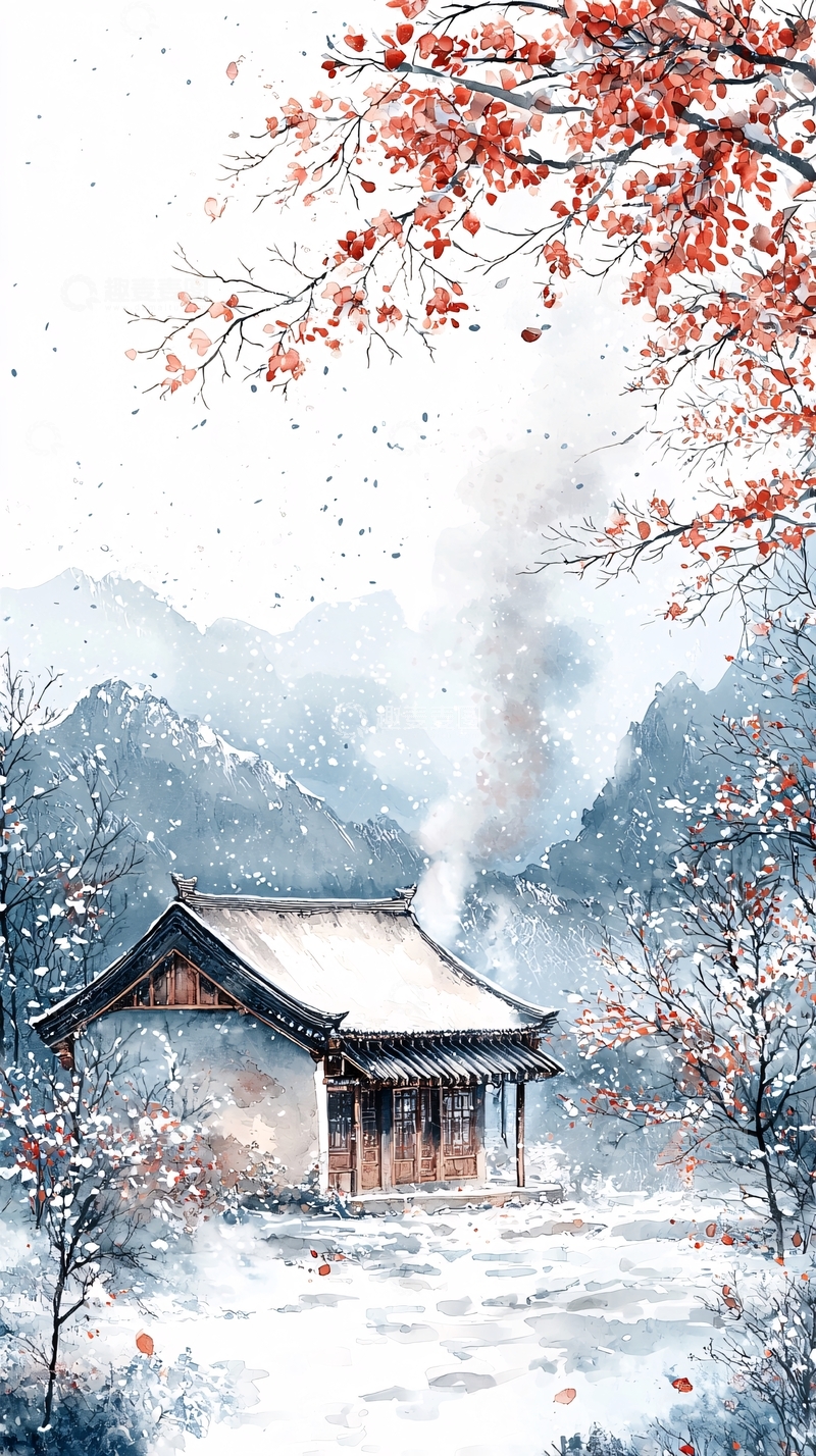 高清大图下载【趣麦麦图】雪后山村水墨意境