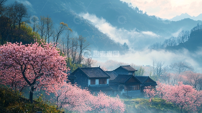 高清大图下载【趣麦麦图】粉红桃花山间村庄