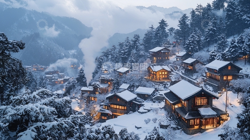 高清大图下载【趣麦麦图】雪山下的温暖村庄