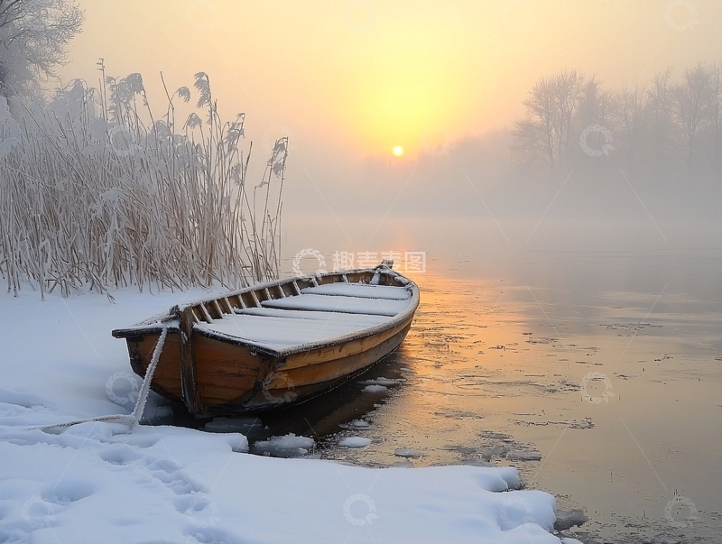 高清大图下载【趣麦麦图】雪地上的小船