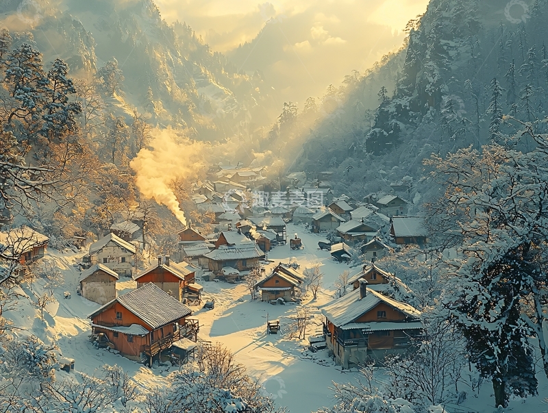 高清大图下载【趣麦麦图】雪山环绕的村庄