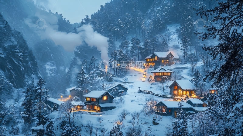 高清大图下载【趣麦麦图】雪山村庄夜景