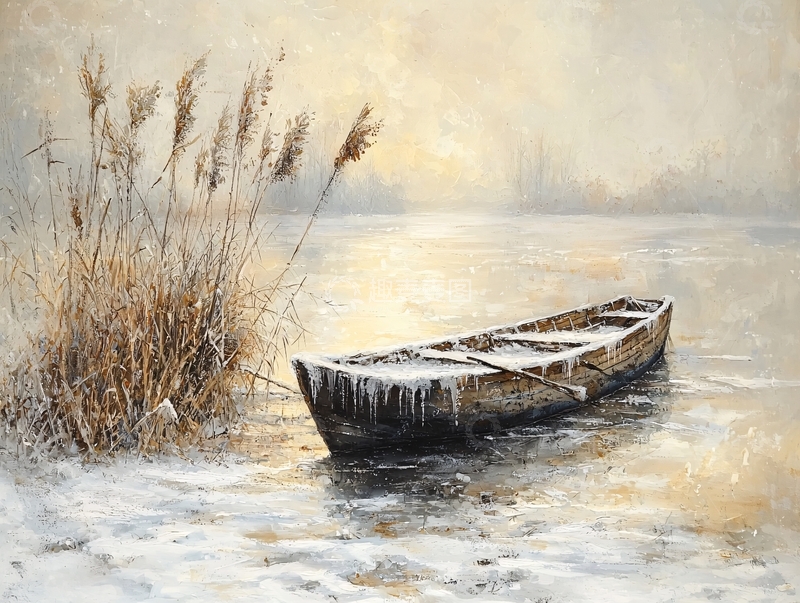 高清大图下载【趣麦麦图】雪地上的小船与芦苇