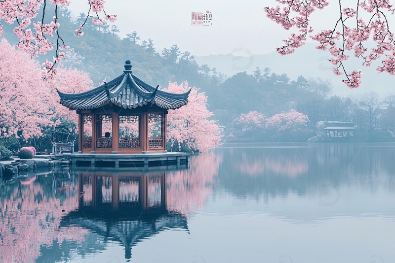 高清大图下载【趣麦麦图】湖边亭子与樱花