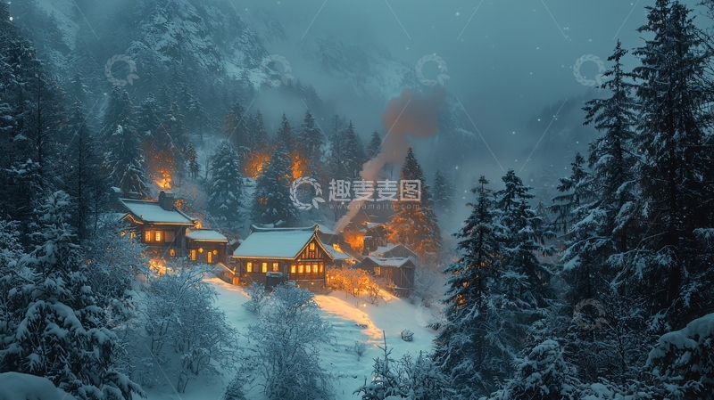 高清大图下载【趣麦麦图】雪夜山间小屋灯光温暖