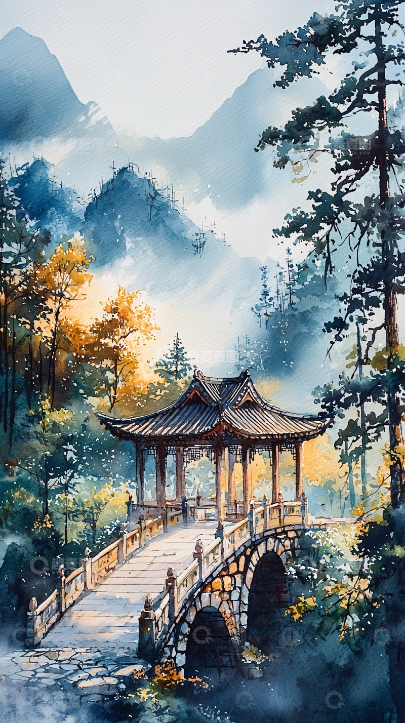 高清大图下载【趣麦麦图】山水亭台水墨风格
