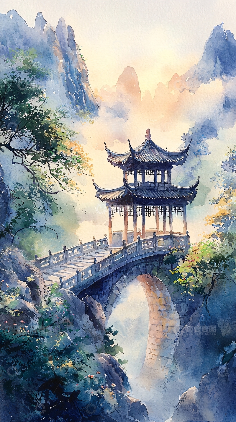 高清大图下载【趣麦麦图】水墨风亭台楼阁山水画