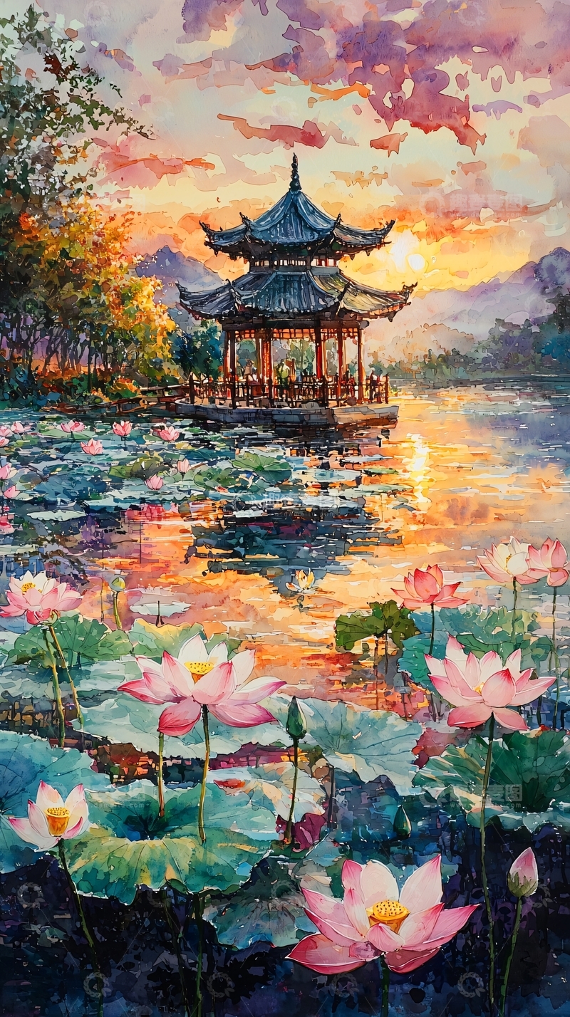 高清大图下载【趣麦麦图】亭台楼阁夕阳荷塘美景