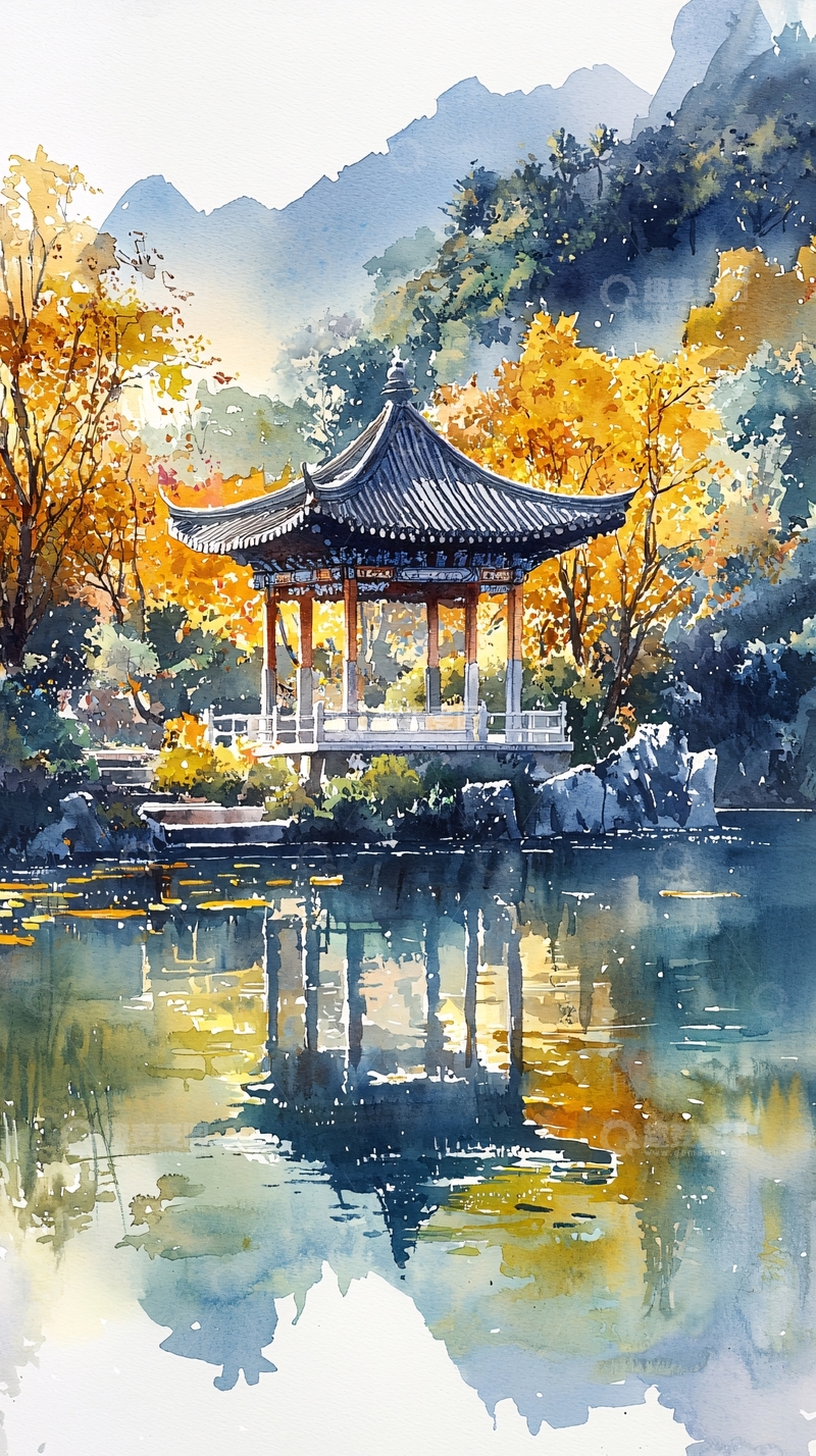 高清大图下载【趣麦麦图】水彩亭台倒影秋色