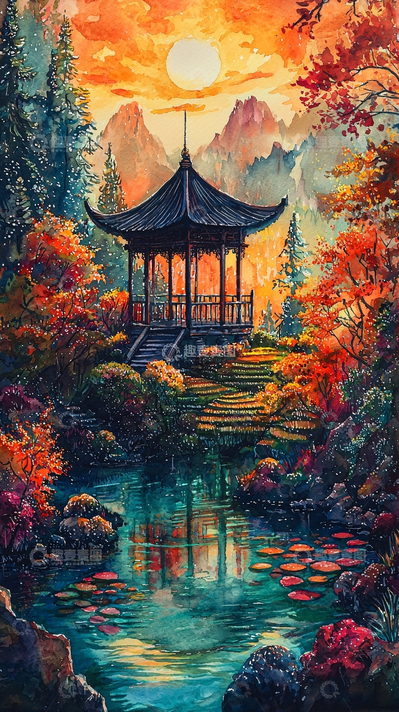 高清大图下载【趣麦麦图】秋日山间亭台水榭