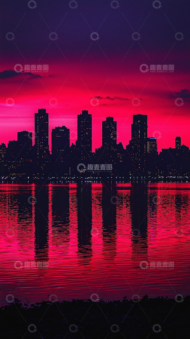 高清大图下载【趣麦麦图】暗红城市夜景倒影