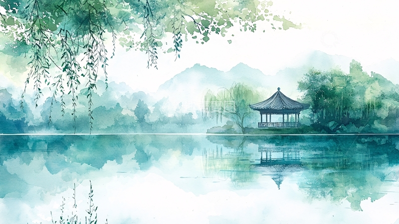高清大图下载【趣麦麦图】水墨风格湖光山色亭台楼阁