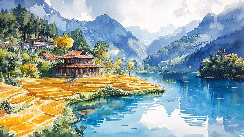 高清大图下载【趣麦麦图】宁静山水间的村庄