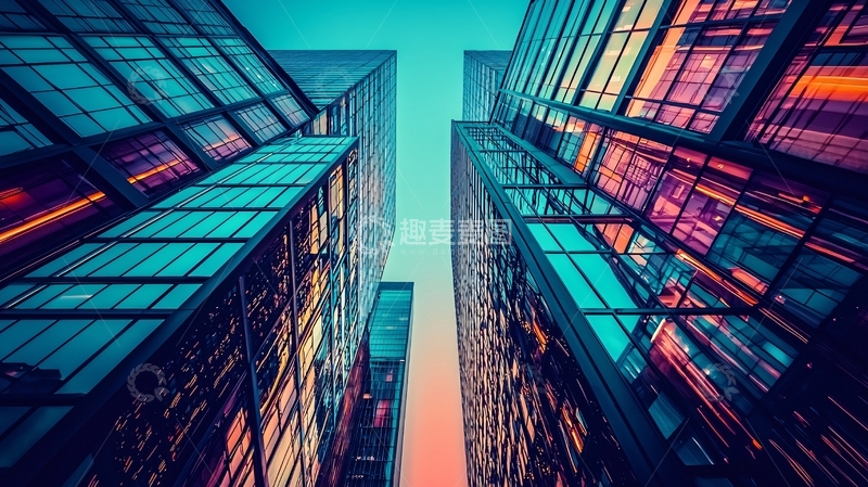 高清大图下载【趣麦麦图】仰望都市摩天大楼夜景