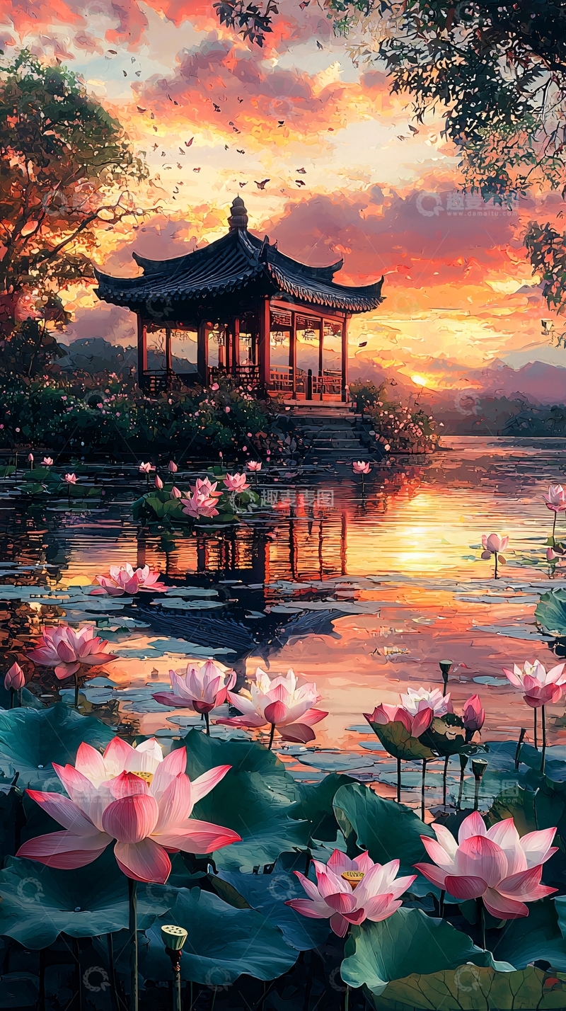 高清大图下载【趣麦麦图】日落中式亭台荷花湖景