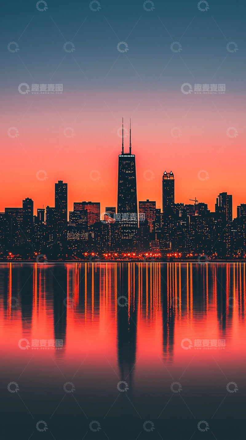 高清大图下载【趣麦麦图】城市剪影日落倒影