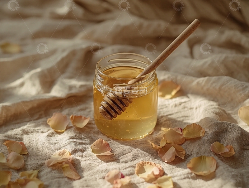 高清大图下载【趣麦麦图】蜂蜜罐和花瓣的静物照片