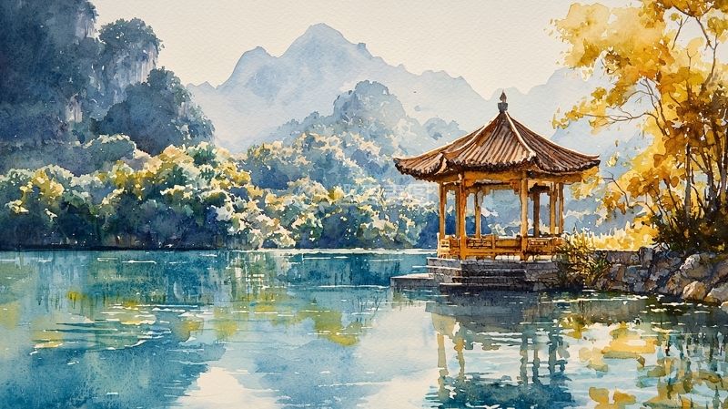 高清大图下载【趣麦麦图】水墨山水亭台倒影如画