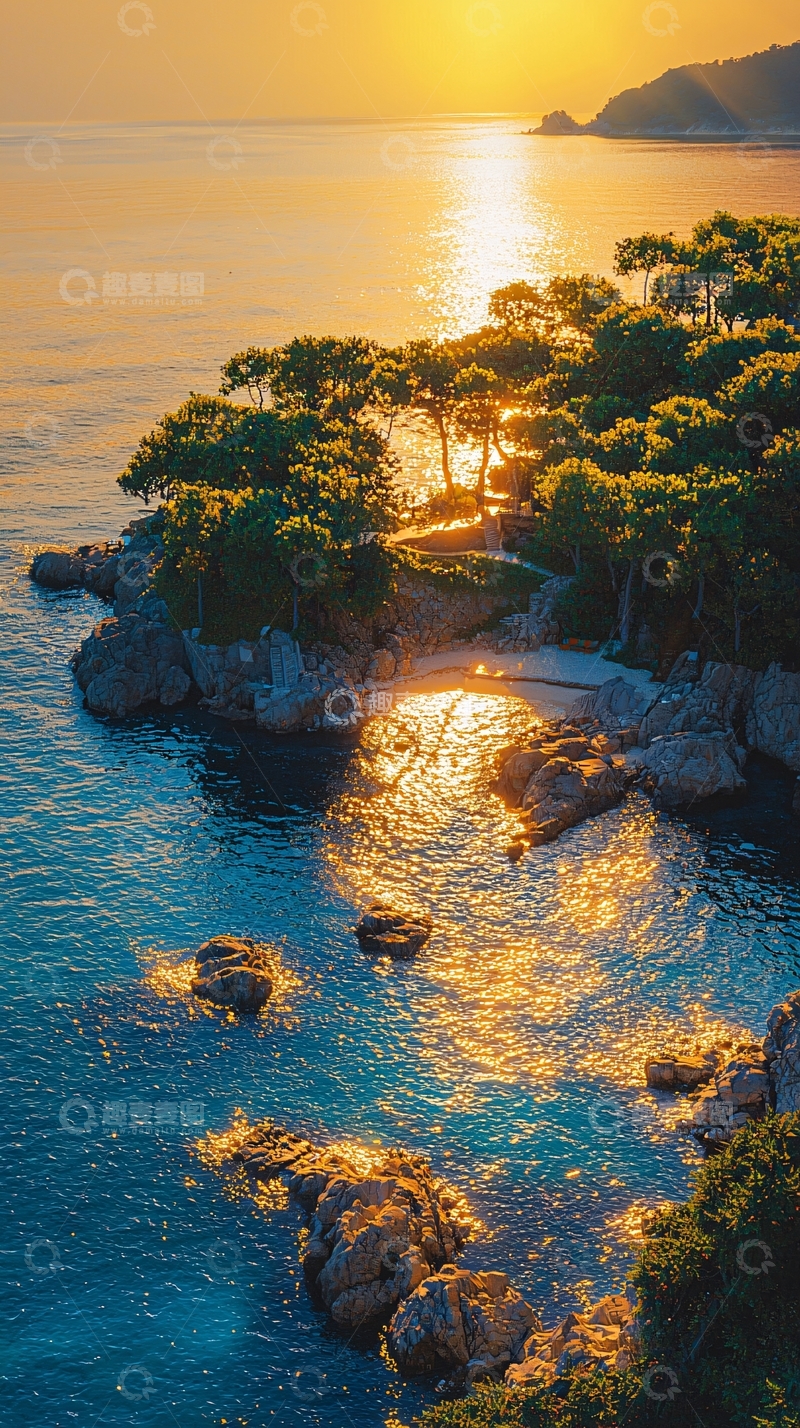 高清大图下载【趣麦麦图】日出海边树林岩石海岸
