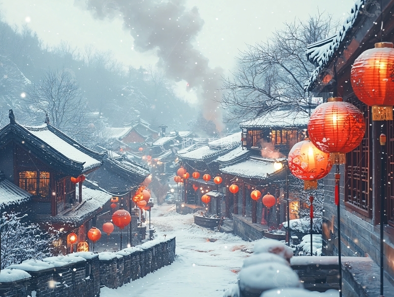 高清大图下载【趣麦麦图】雪后古镇张灯结彩