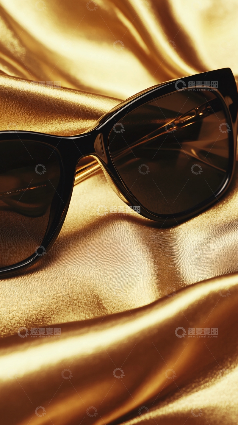 高清大图下载【趣麦麦图】黑色墨镜金色丝绸背景