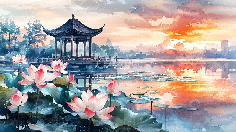 高清大图下载【趣麦麦图】亭台荷花水墨画