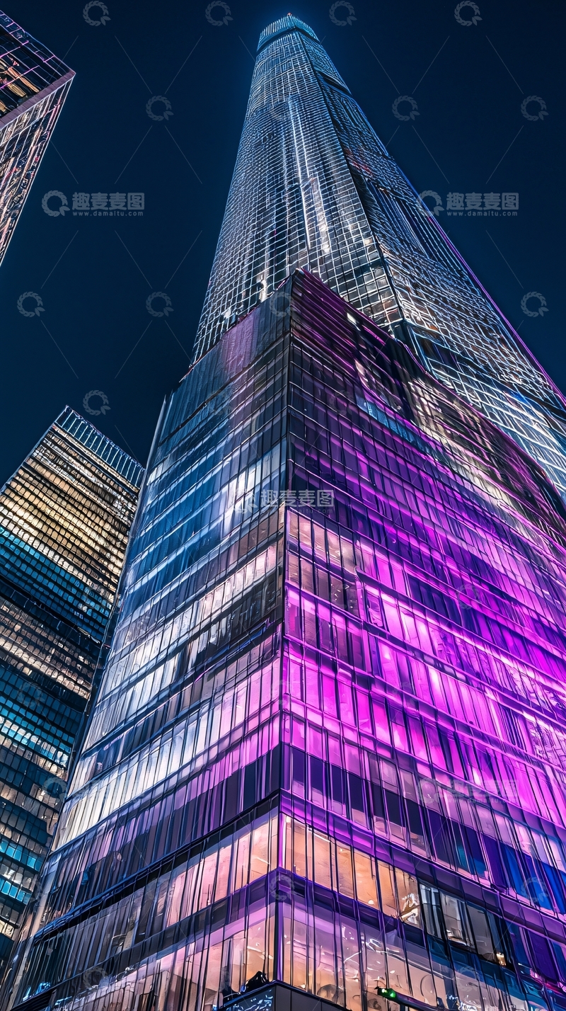 高清大图下载【趣麦麦图】夜幕下色彩斑斓的摩天大楼
